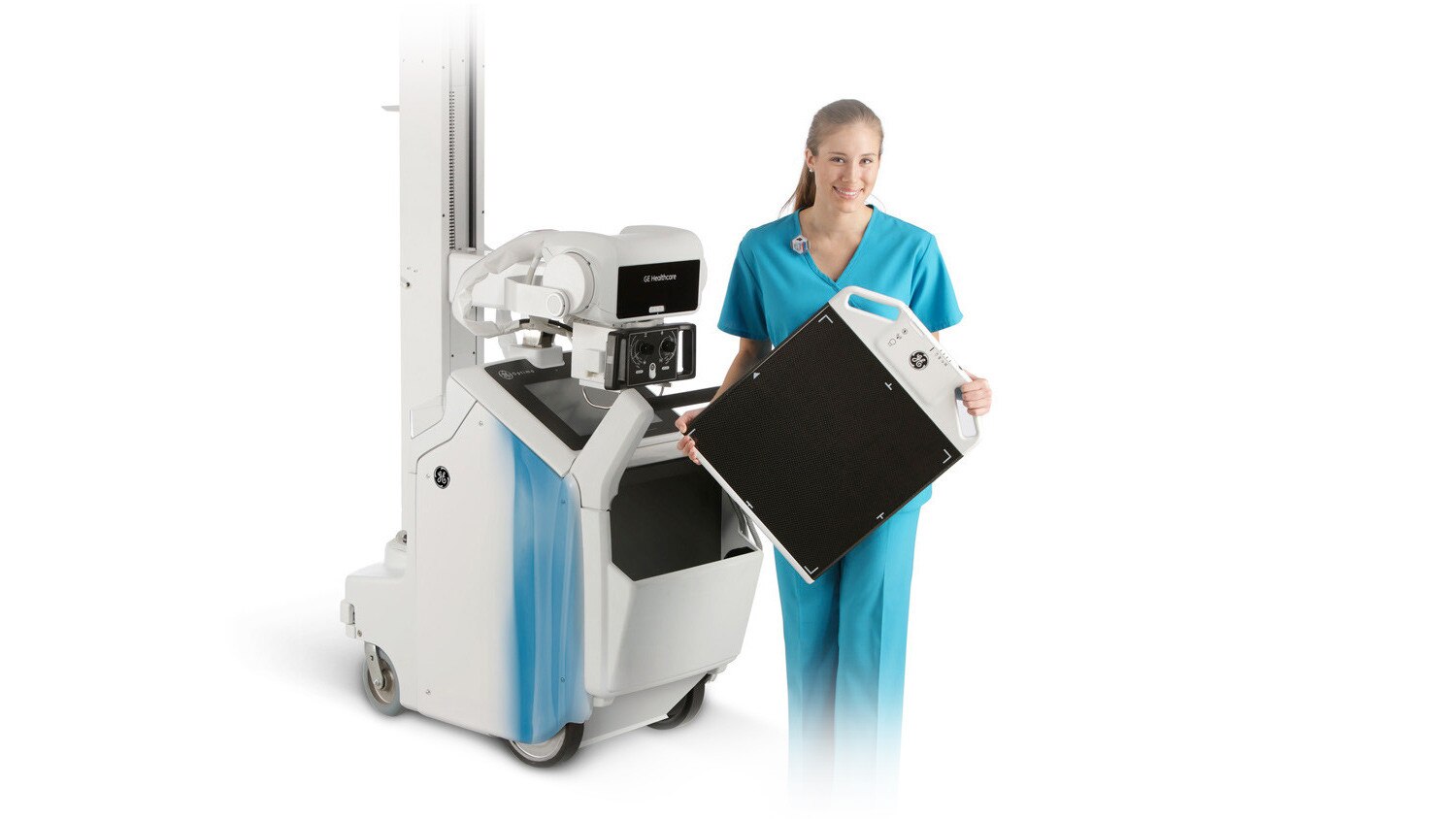 Technician standing with machine.